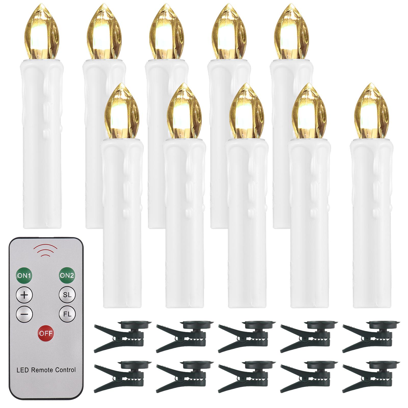 

10 штук беспламенных свечей с пультом дистанционного управления и зажимом, регулируемая яркость, мерцающие светодиодные свечи на батарейках 7 Button Controller белый