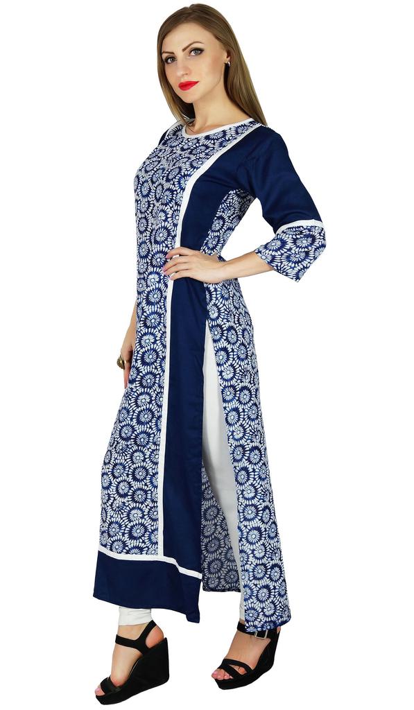 Bimba Women Blue Rayon Long Straight Kurta Pannel Kurti Formal Ethnic Blouse