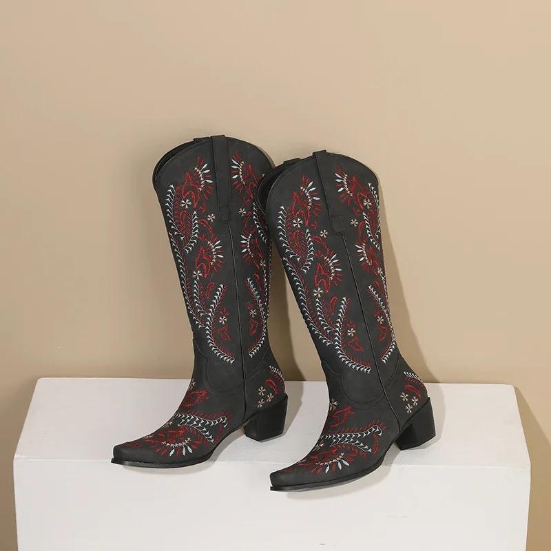 Embroidery Western Women Knee High Boots Brown Black PU Square Heels Winter Round Toe Vintage Cowboy Cowgirl Slip-on Long Boots