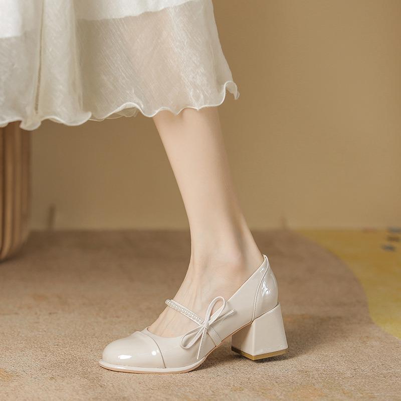 High heels women's summer new thick heel gentle bow pearl Mary Jane shallow mouth single shoes women