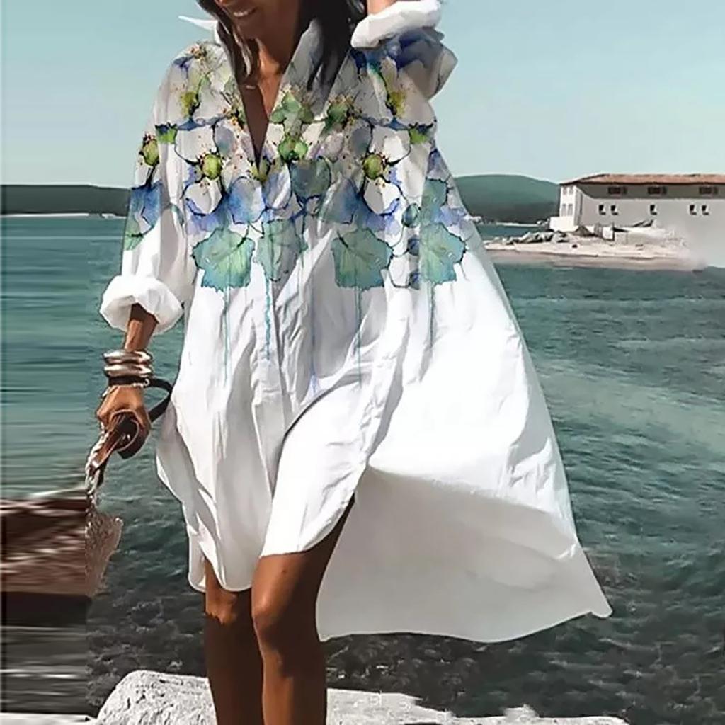 Fashion Women Floral Print Long Sleeves Buttons Cardigan Loose Shirt Dress