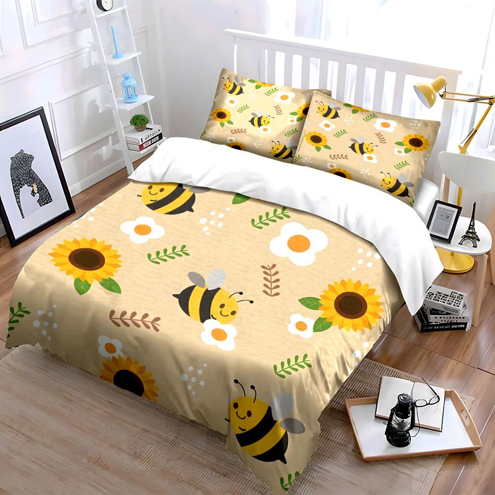 Süße Bienen und Sonnenblumen Aufdruck Bettwäsche Bettbezug Set  (1*Bettbezug 2*Kissenbezüge, ohne Bettdecke)