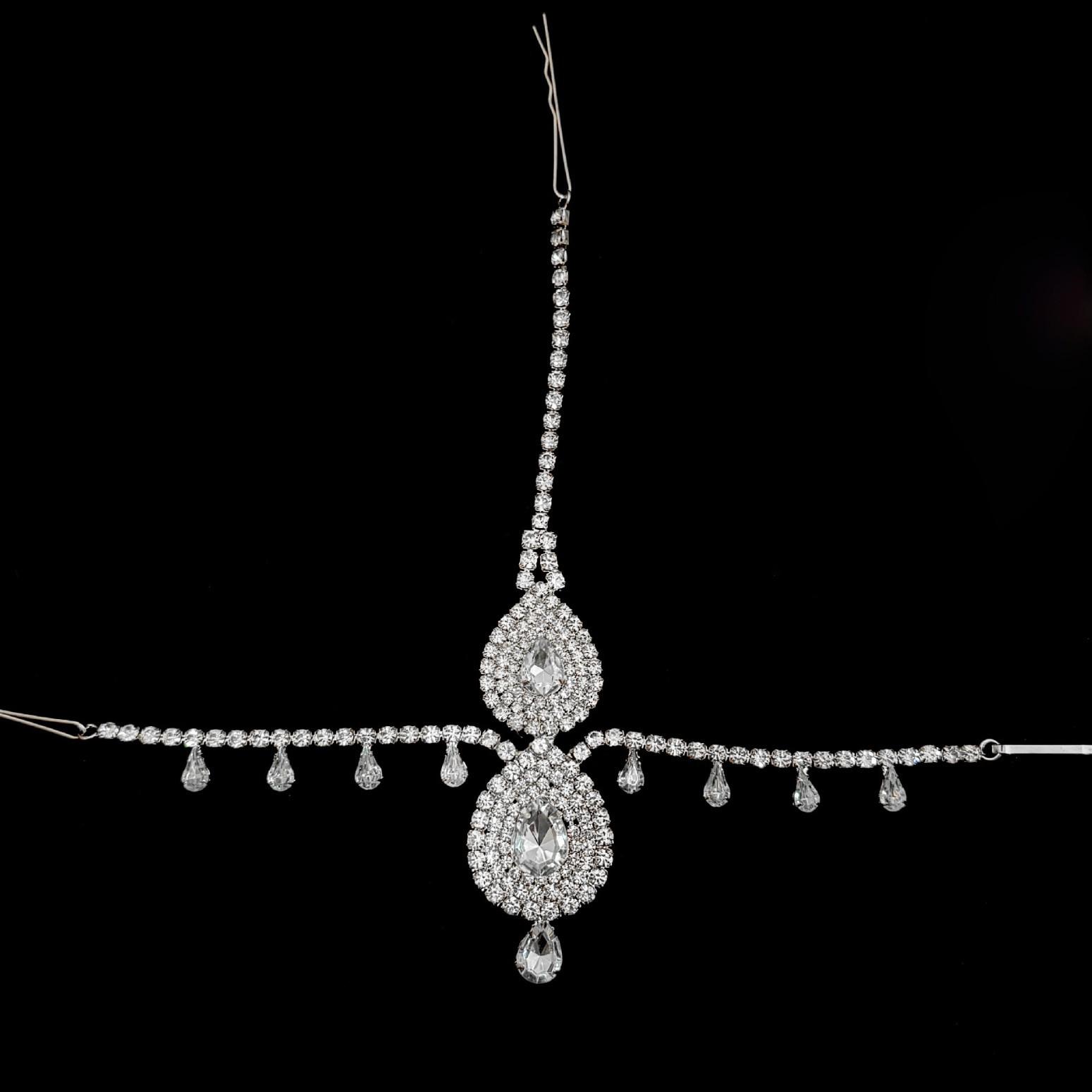 Crystal Zirconia Bridal Hair Chain with Water Drop Pendant серебряный