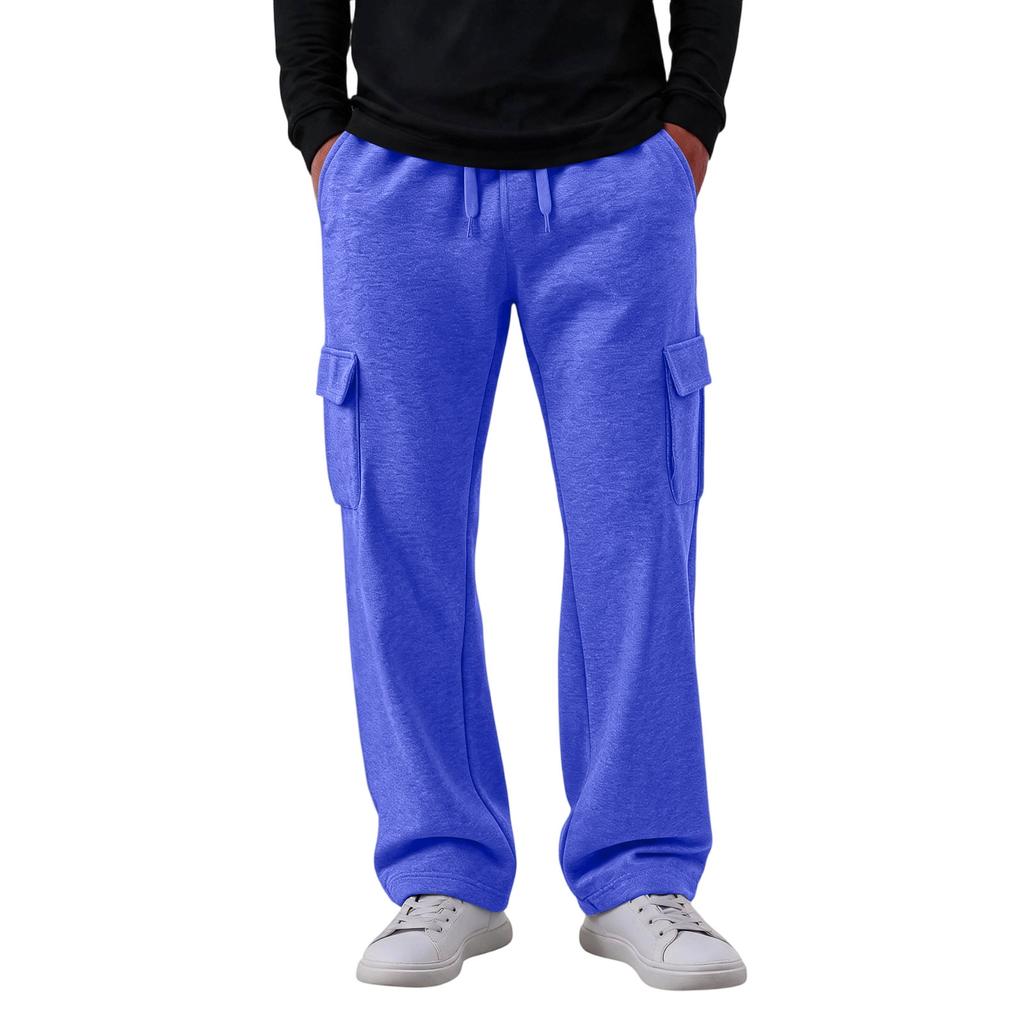 Men's Casual Cargo Pants with 4 Pockets, Elastic Waist with Drawstring, Loose Fit Straight Leg Pants for Everyday Wear