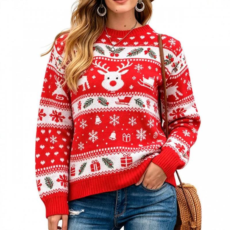 Womens Winter Knit Sweater With 3D Deer Snowflake Round Neck Loose Fit Long Sleeve Pullover