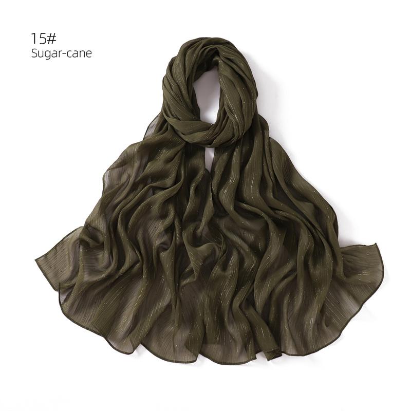 175*70cm Islamism Solid Color Silver Wire Diamond Chiffon Scarf Muslim HIjab Wrinkles Women's Headscarf Shawl Ramadan