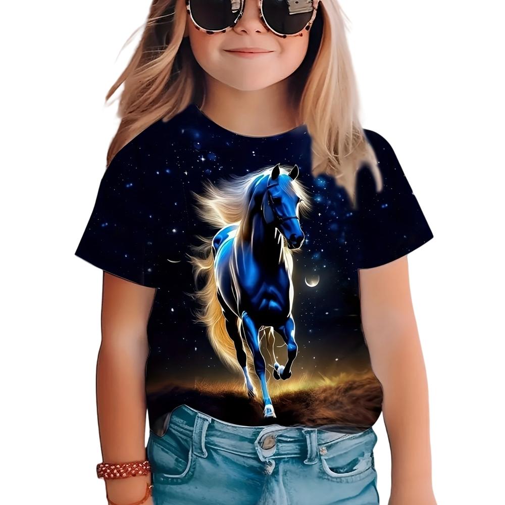 Fashion Girl Horse T-shirt Animal 3D Printing T-shirt Girl Summer Outfit Short Sleeved Top T-shirt Cute Girl Clothing