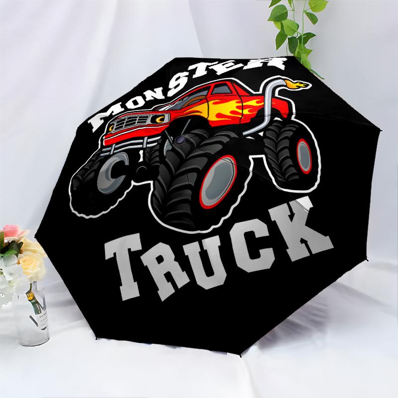 Monster Truck Red Flames Big Wheels Adventure Outdoor Automatic Umbrella Compact 8Rib Design Foldable Design Perfect For Outdoor Adventures Outdoor