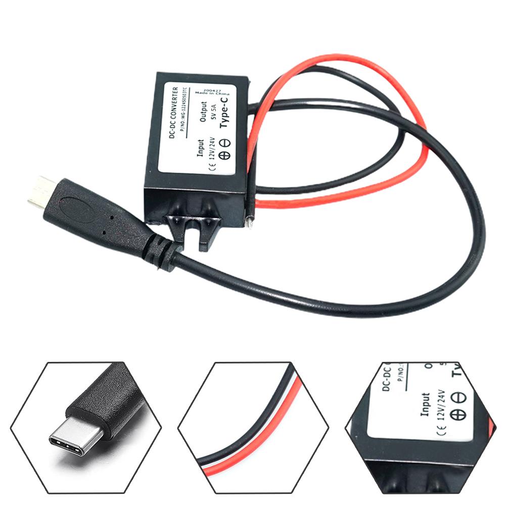 12V/24V To 5V USB C 5A 25W DC Converter Step-down Step Down Module Power Adapter Type C Wire Connector