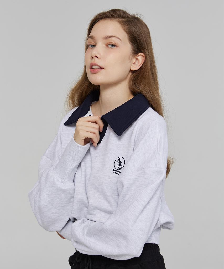 Awesome Studio Women'S Collar Contrast Crop Sweatshirt Grey White
