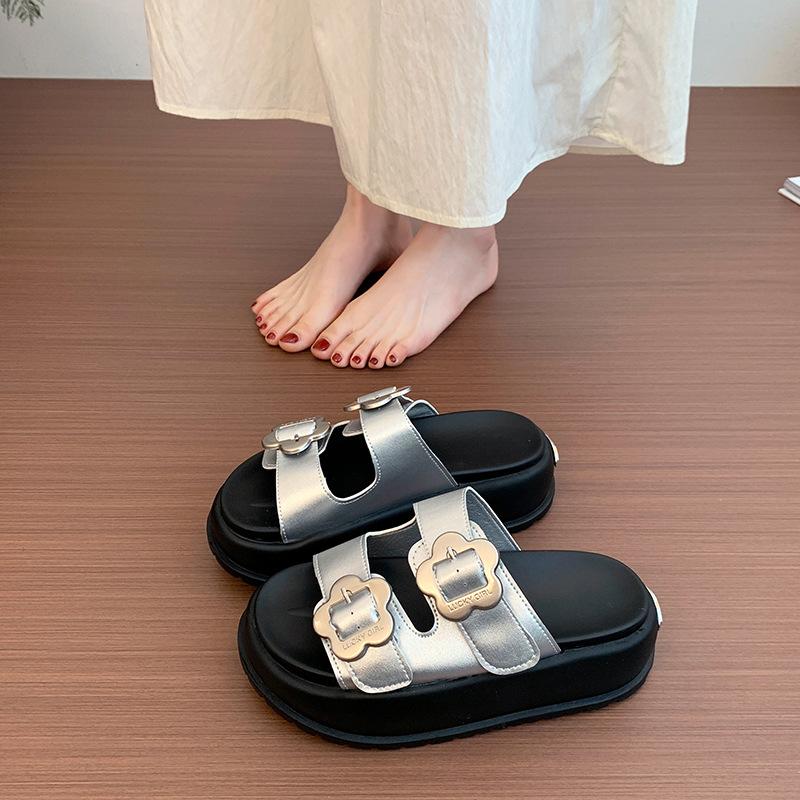 Muffin platform casual retro slippers women's shoes summer 2025 new double-breasted metal buckle fashion slippers