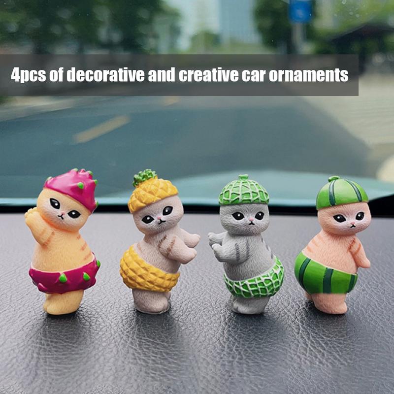 Cat Dashboard Decorations 4pcs Animal Cat Wearing Fruit Suit Characters Toys Funny Cute Car Interior Decor Accessories For