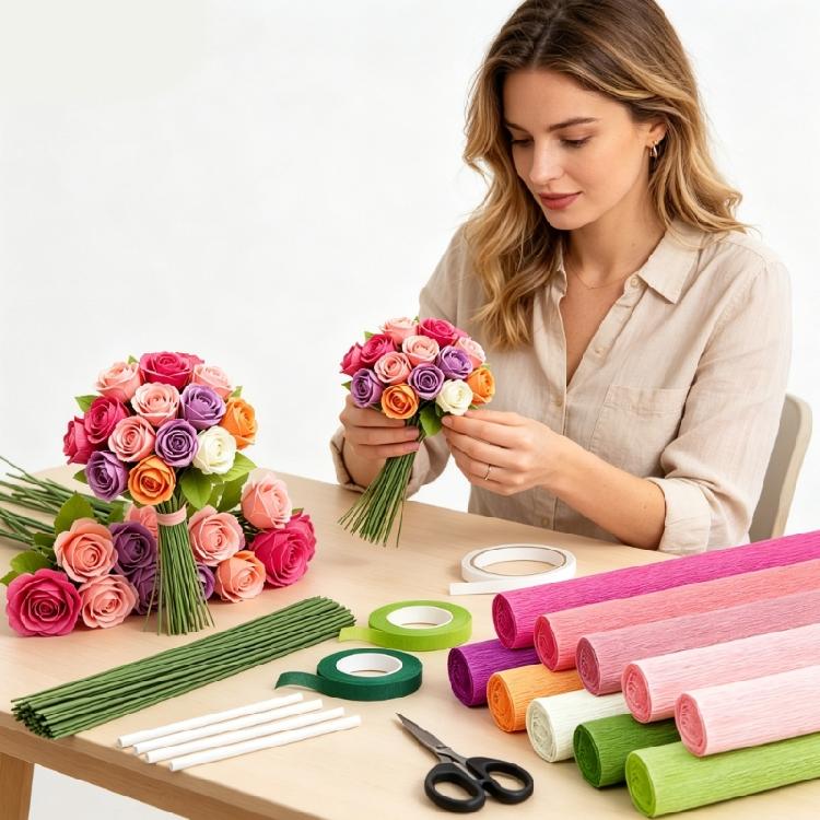 Crepe Paper Flower Supplies Set with 10 Rolls, 100 Green Wire Stems, Tapes, Scissors Adhesive Stick for Home Decorations