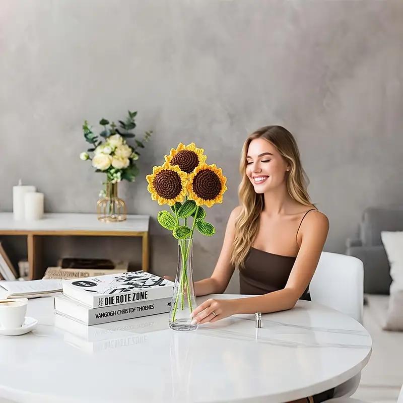 6Pcs Handmade Crochet Sunflower, Handmade Knitted Flowers, Artificial Woven SunFlowers Best For Teacher's Day, Graduation Gfit