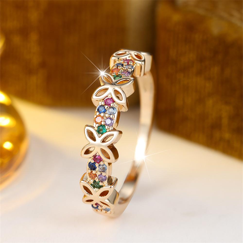 Rainbow Crystal Small Round Stone Butterfly Rings For Women Vintage Gold Color Engagement Ring Wedding Jewelry Bridal Party Gift