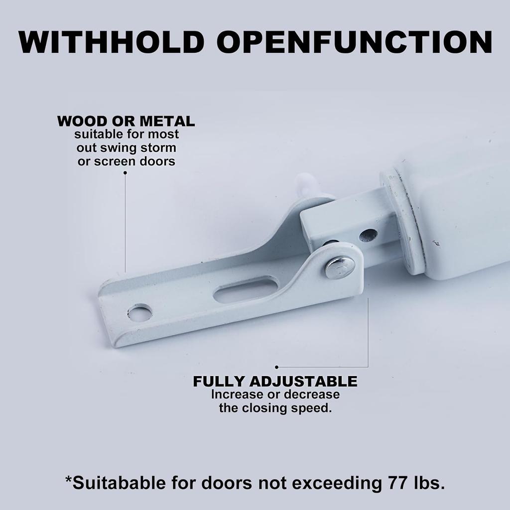 Storm Door Closer,1 Set Screen Door Closer,Pneumatic Door Bracket, Window Closer Safety Closure with Hold Open for Storm(White)