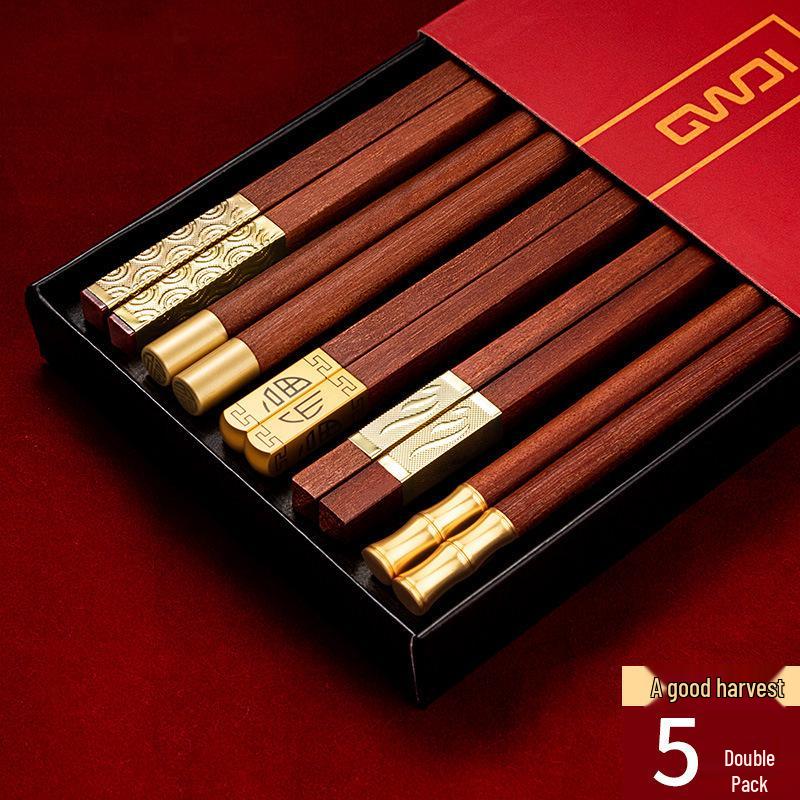 Red Sandalwood Family Chopsticks: Solid Wood, One Pair Per Person, Includes Gift Box Set