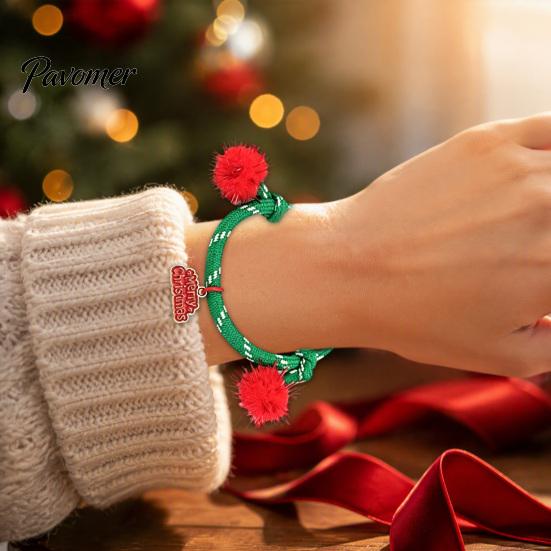 Christmas Gift for Women Bracelets, Red Green String Bracelet, Adjustable Rope Bracelet with Handmade Alloy Jewelry Charm And Tinsel Pom Poms, Holiday