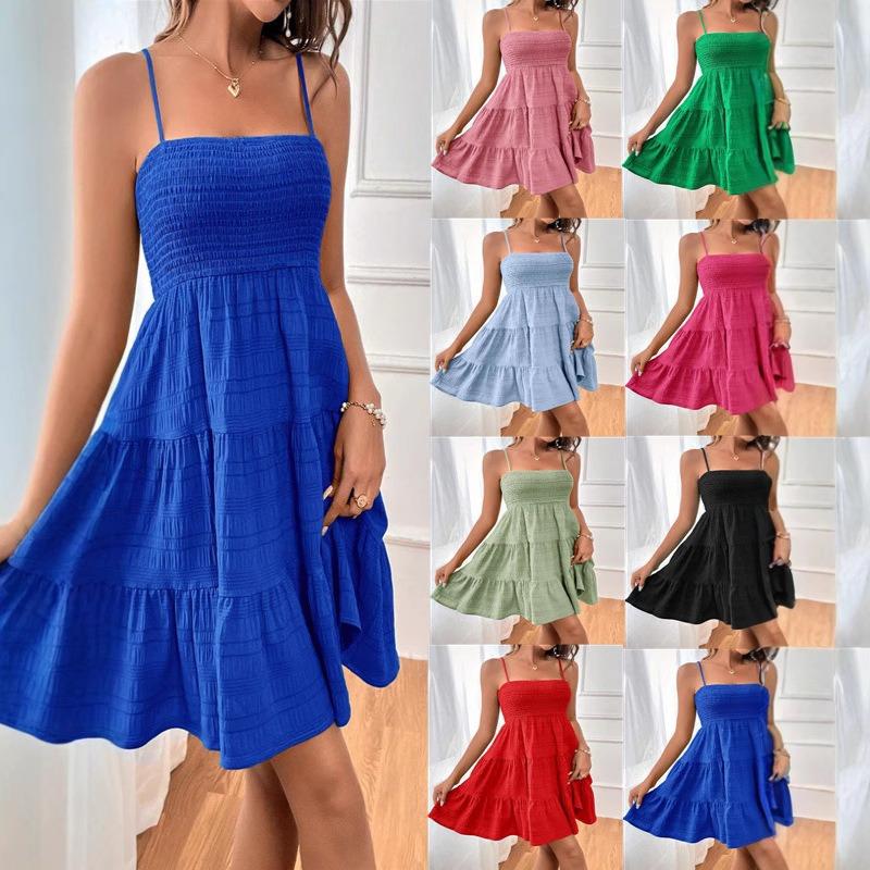 Elegant Summer Sleeveless Pleated Fashion Suspender Dress Solid Color Simple A-line Party Casual Short Dresses Female Streetwear Loose Clothing