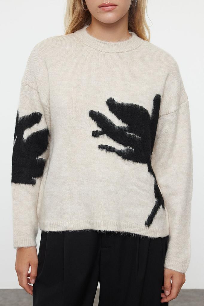 Women's Fashionable Stylish Sweater Stone Soft Textured Stand Collar Color Blocked Knitwear Sweater