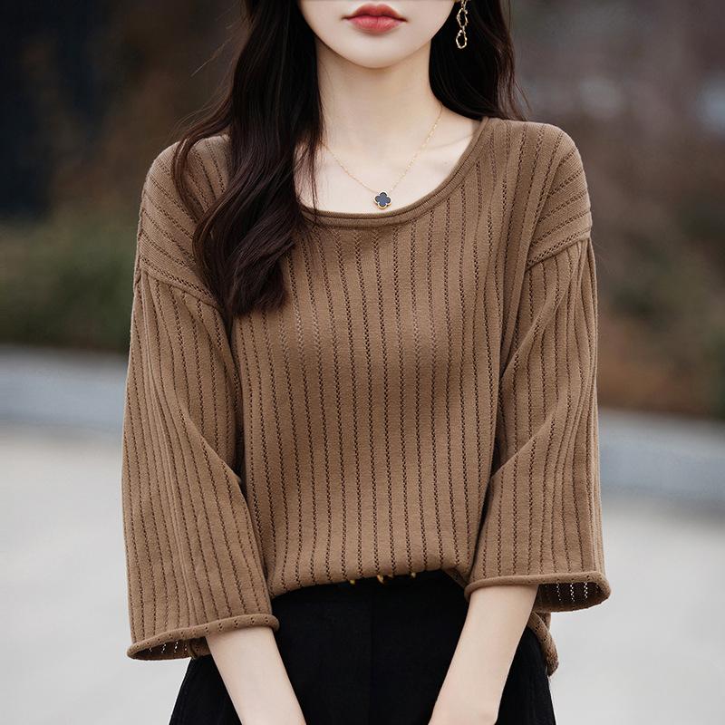 

Pullover Hollow Knitted T-shirt Summer WoMan s T-shirt Cool Knit Sweater Loose Three-quarter Sleeves XS коричневий
