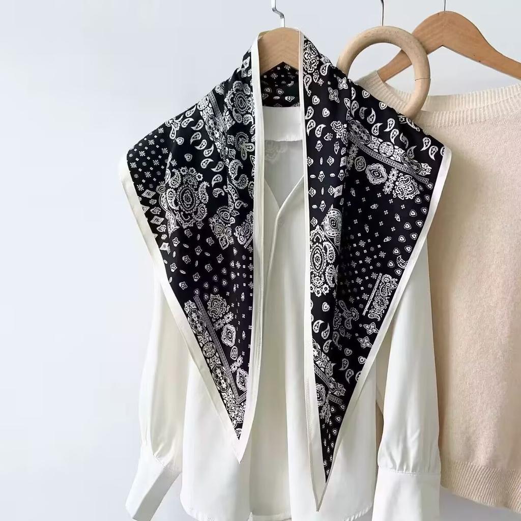 New High-end French Flower Print Triangle Scarf Old Money Wind Belt Fashion Headscarf Women's Imitation Silk Scarf