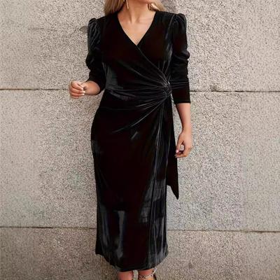 Γυναικείο φθινοπωρινό ανοιξιάτικο φόρεμα Σταυρός V λαιμόκοψη μονόχρωμο κορδόνι στενό βελούδινο στη μέση Μήκος στη γάμπα
