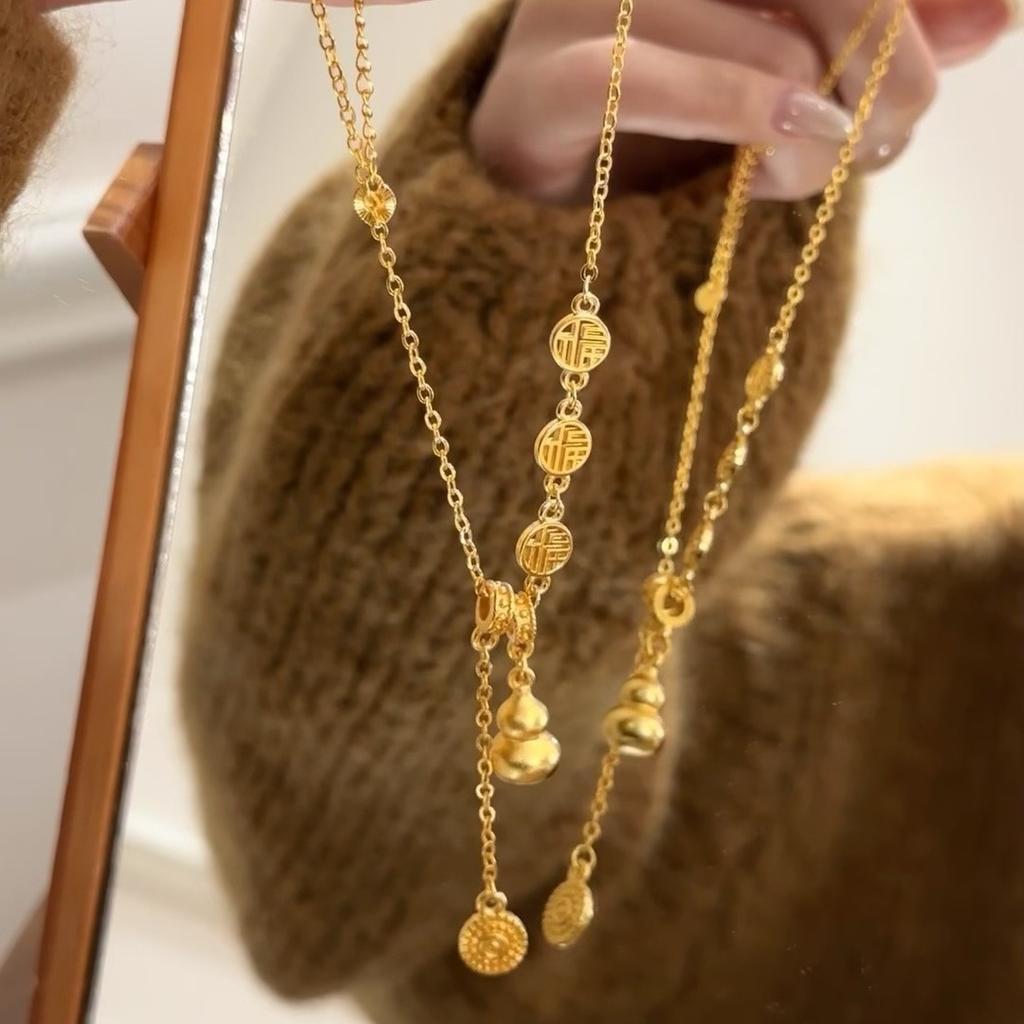 New Chinese Style Golden Gourd Pendant with Tassel, Lucky Character, Collarbone Chain, Best Friend Gift