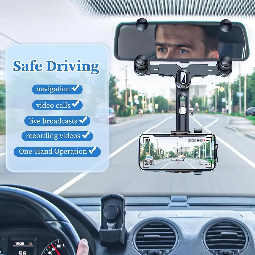 Car Rearview Mirror Phone Holder 360° Retractable Cell Phone Holder Clip Phone GPS Support Phone Mount Stand Auto Accessories