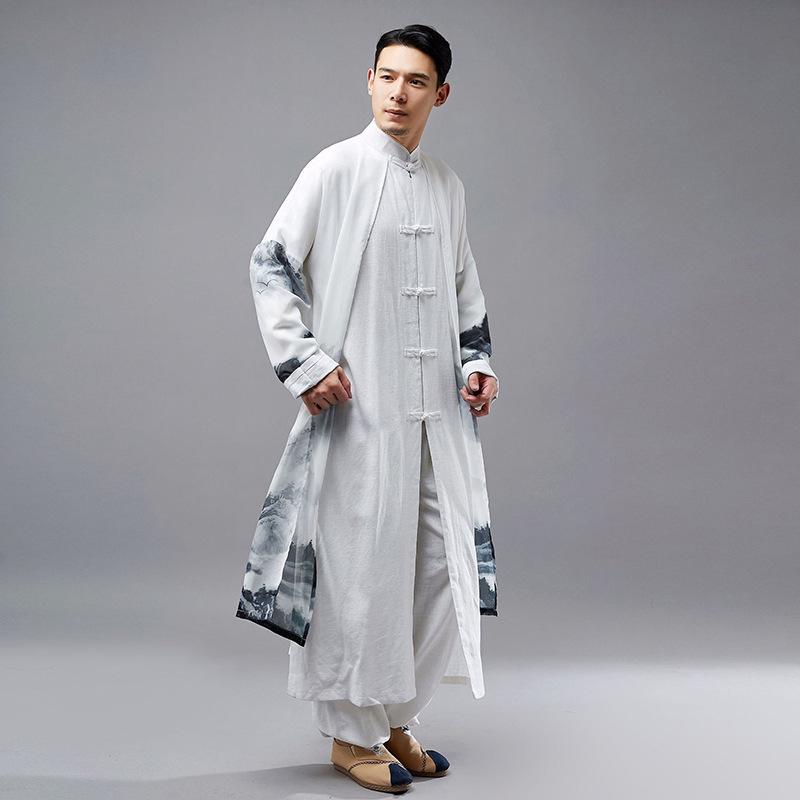 Men's Chinese Style Cotton Linen Long Spring Shirt - National Performance Stage Robe