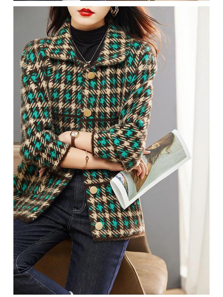 Women's Korean-Style Plaid Wool Jacket - Loose Short Fit, Trendy Autumn/Winter 2025 Collection