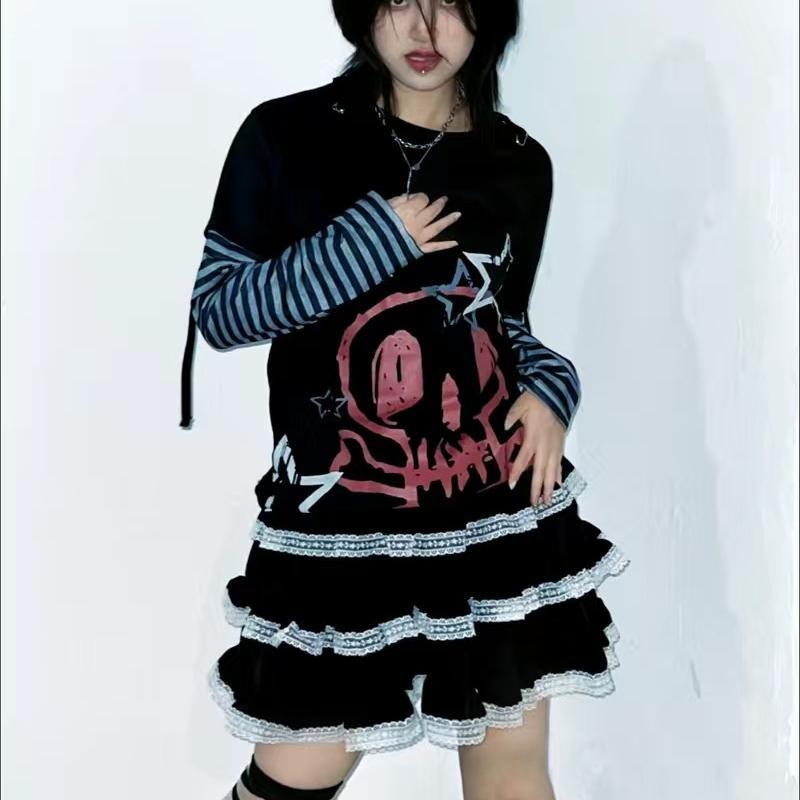 2KWEIRD Japanese Y2k Aesthetic Long Sleeve Graphic T Shirt Women Kawaii Cartoon Print Ripped Hollow T-shirt Harajuku Grunge Tee