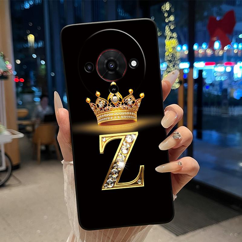 Elegant Simple Crown Initial Letter Case For ZTE Blade A76 5G Soft Silicone Black Case Shockproof Shell ZTE Blade A76 5G Casing