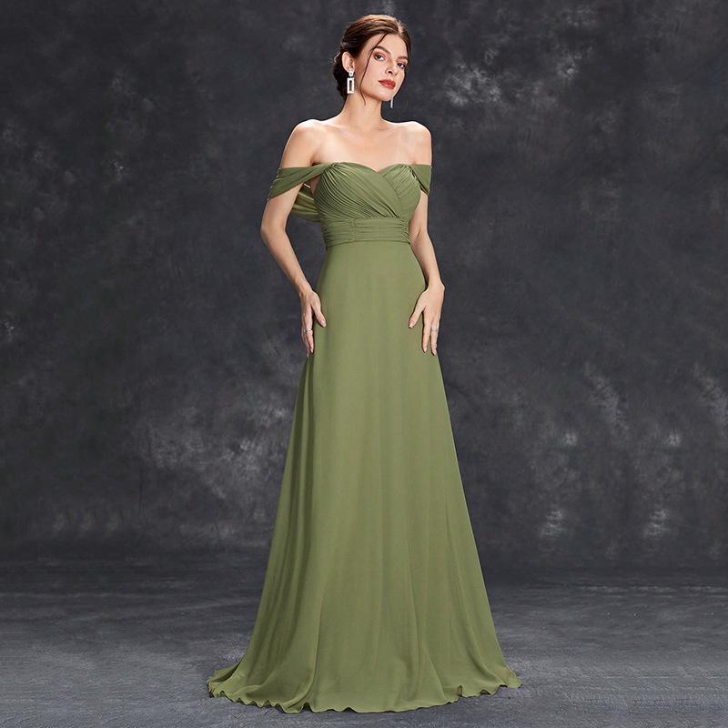 Green Chiffon Off-the-Shoulder Evening Dress: Elegant, Luxurious, and Perfect for Banquets and Social Events