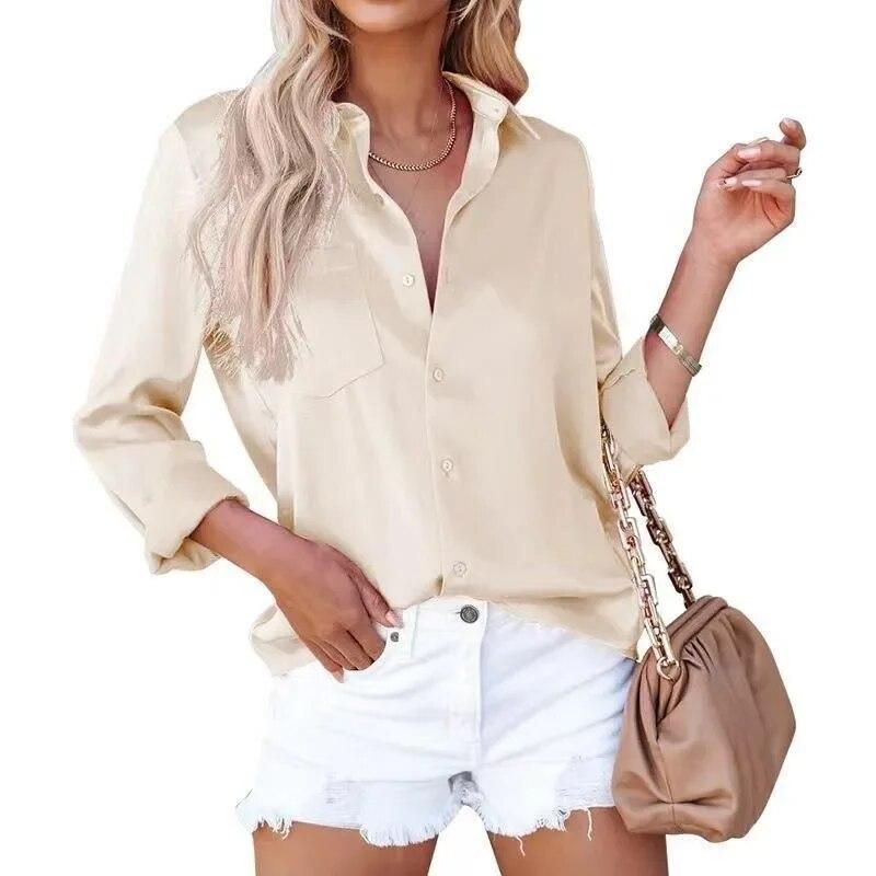

Элегантная однотонная атласная рубашка на пуговицах, женские блузки с длинным рукавом и отложным воротником, женские элегантные повседневные офисные женские шелковые топы 30481 M шампанского