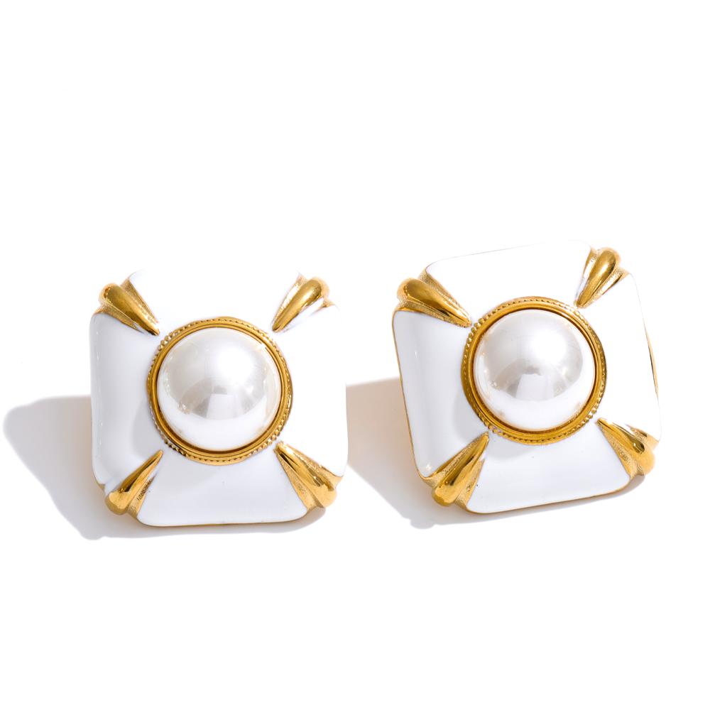 Yhpup Multi-Color Enamel Simulated Pearls Square Stud Earrings Stainless Steel Daily Wear Fashion Spring Jewelry Waterproof Gift