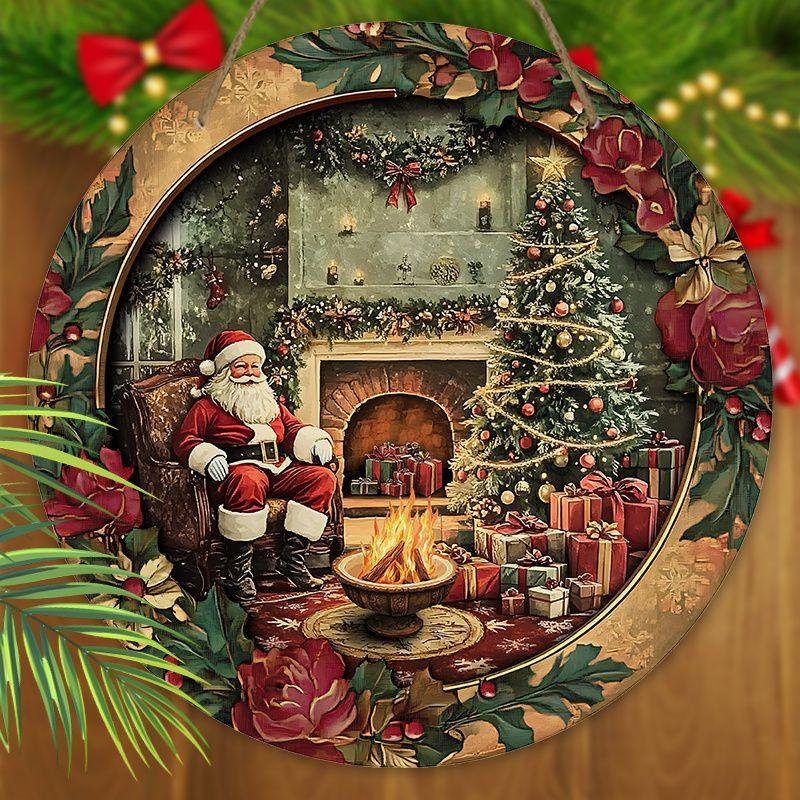 Vintage Santa Fireplace Christmas Round Wooden Hanging Sign, 2D Flat Printed Floral Wreath Front Door Decor, Xmas Gift Tree Wall Ornament Gift