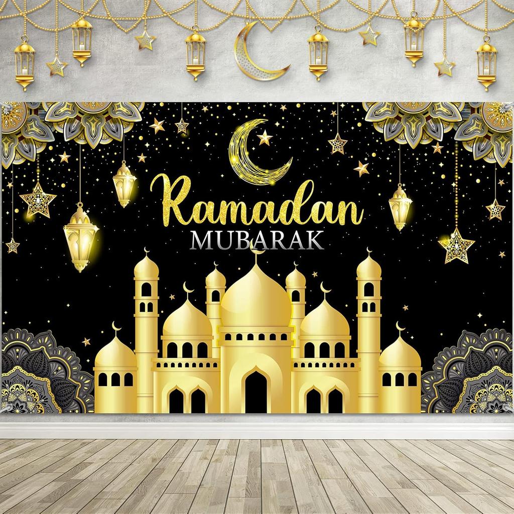 VIKAMA Ramadan Mubarak Tapestry Gold Mosque Lanterns Decorative Wall Art for Bedroom Living Room Aesthetic Festive Home Decor
