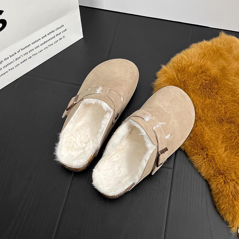 Leather women's one-pedal warm fluffy slippers women's outer bag head half slippers slippers