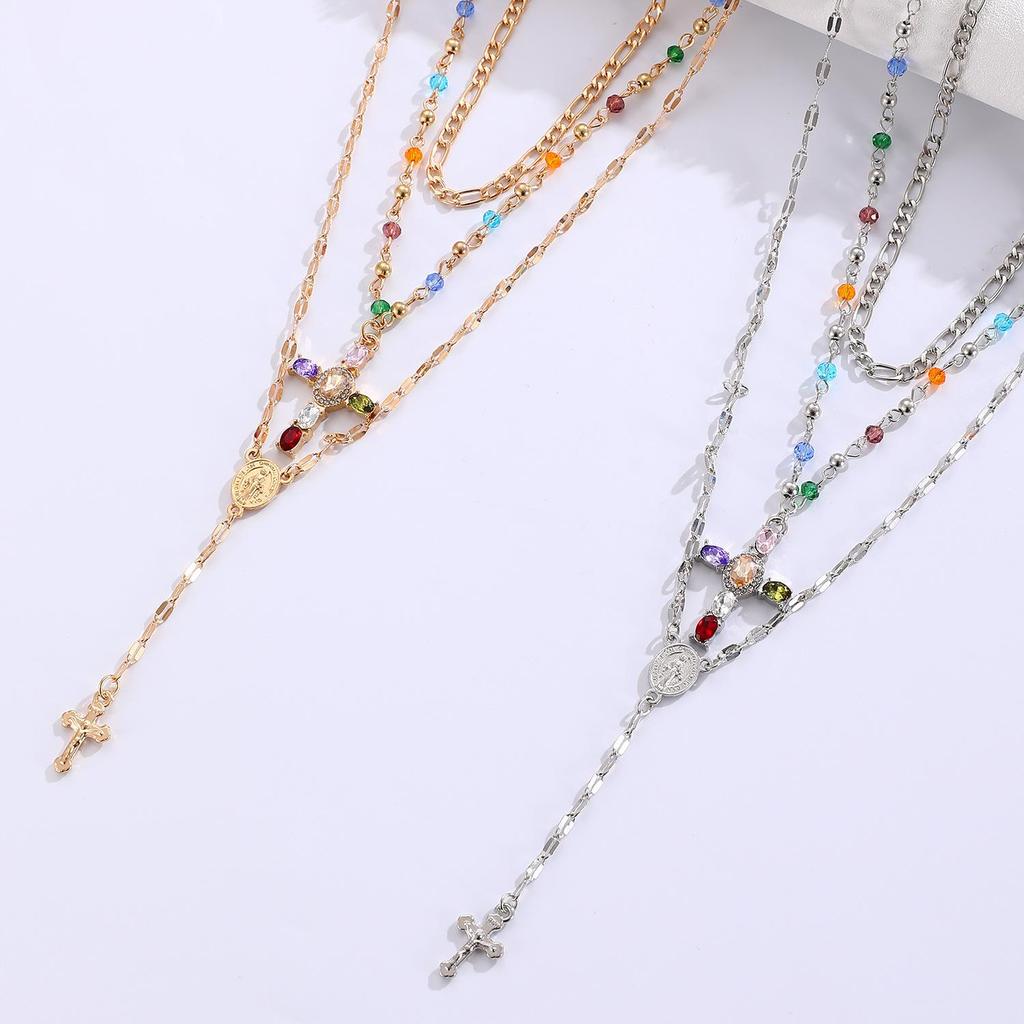 Creative Fashion Sense Colorful Double Layer Cross Pendant Collarbone Chain Y Shaped Tassel Necklace