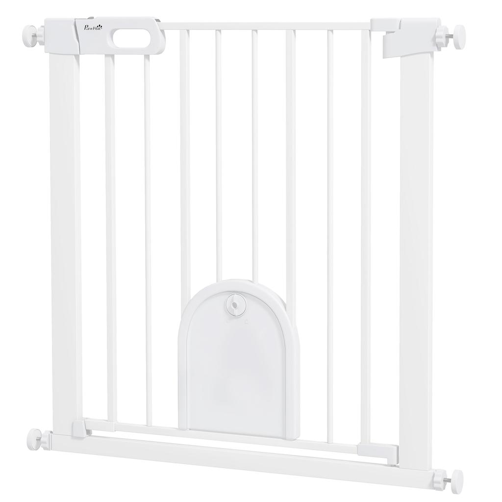75-82cm Pet Safet Gaye, Pressure Fit Stair, with Cat Flap, Double Locking, White