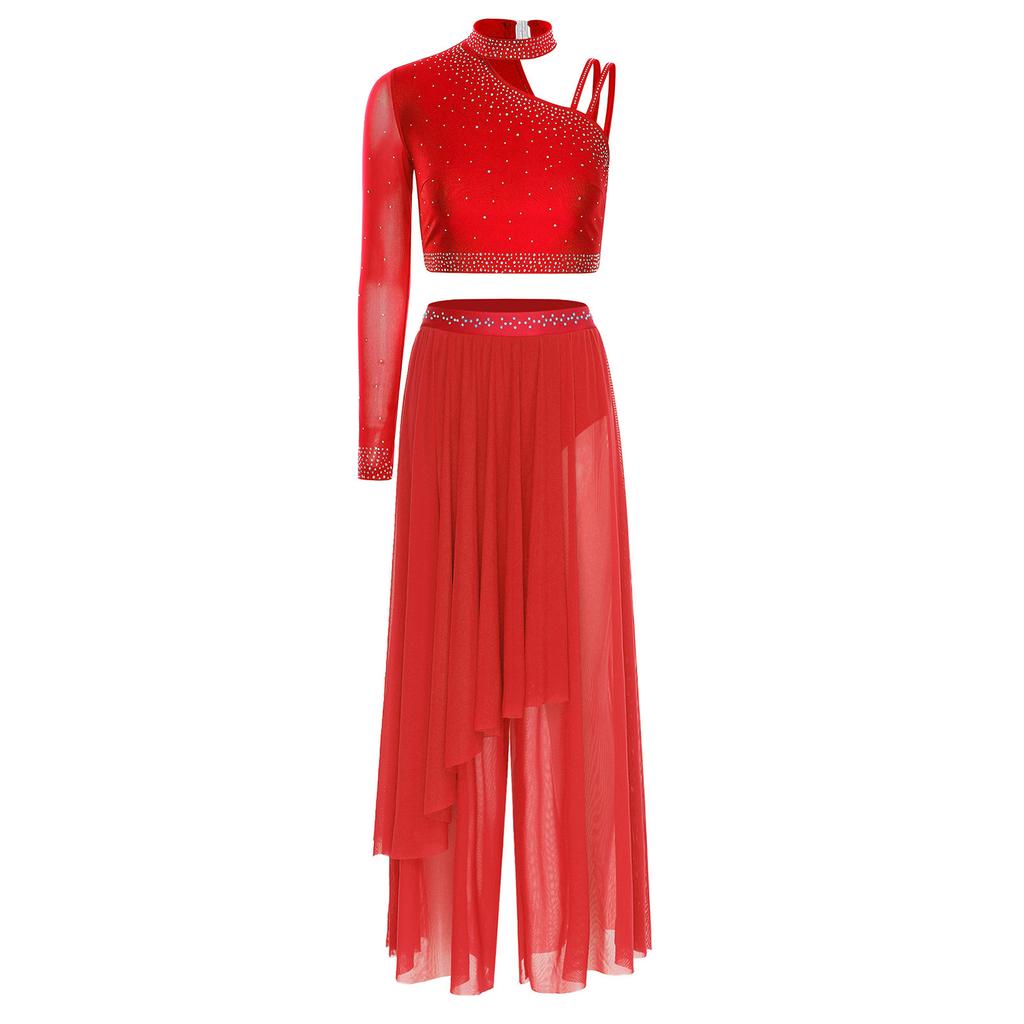 Damen Lyrisches Tanz Performance Set S-XXL: Asymmetrisches Crop-Top mit einem Ärmel, Strasssteinen & locker sitzende Überwurfhose