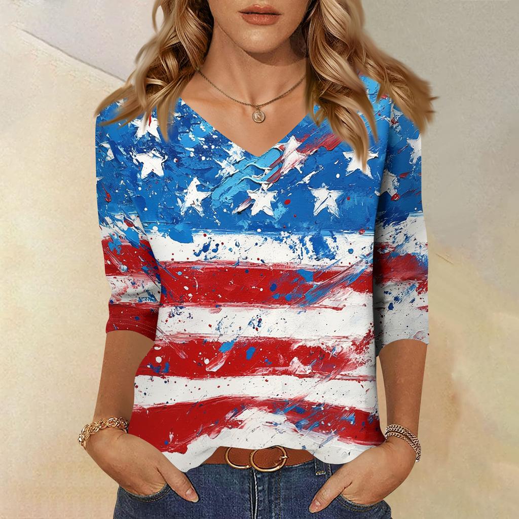 Women's Tops Three-quarter Sleeve Shirt V-neck Loose Casual Shirt Print T-shirt