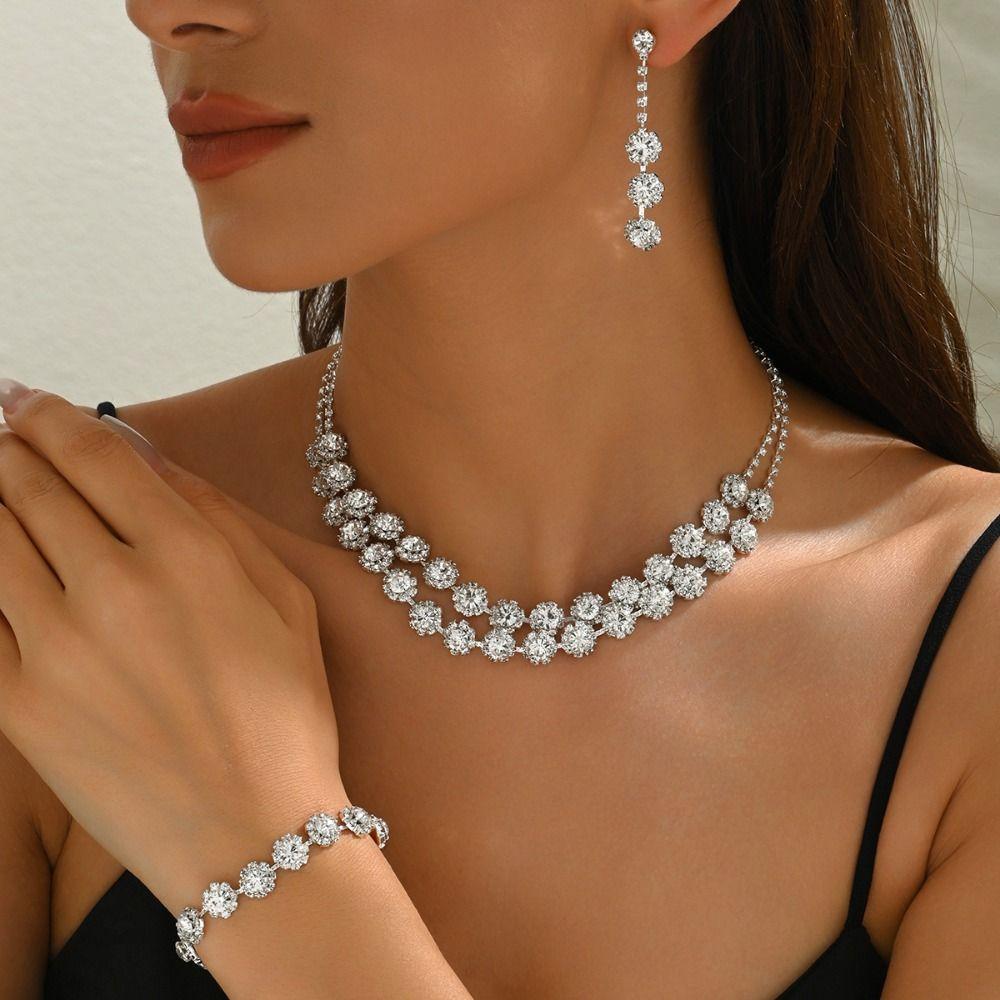 Fashion Shining Jewelry Set Inlay Rhinestone Clavicle Chain Elegant Bracelet  Wedding Engagement
