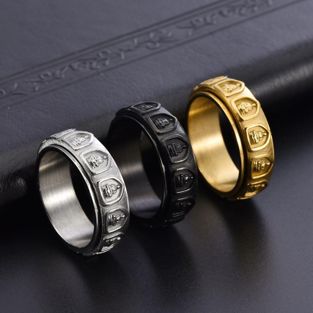 Men's 18K Gold Plated Titanium Steel Spinner Ring Buddhist Arhat Engraved Rotating Jewelry Meditation Gift for Men
