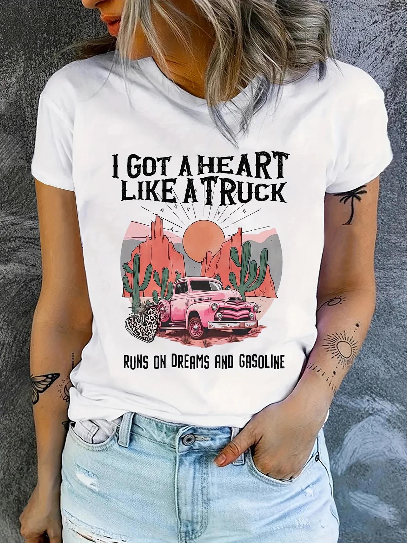 

I Got A Heart Like A Truck Letter Graphic Print Short Sleeve Printed Womens TShirt Womens Top Summer Casual Clothing S