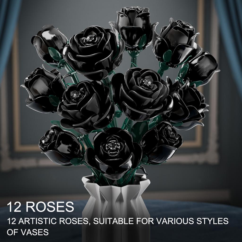 Non-Toxic 12 Pieces Black Rose Bundle Building Blocks Toys Model Flowers Bricks Toy Sets Desktop Ornament Valentine'S Day Christmas Gifts