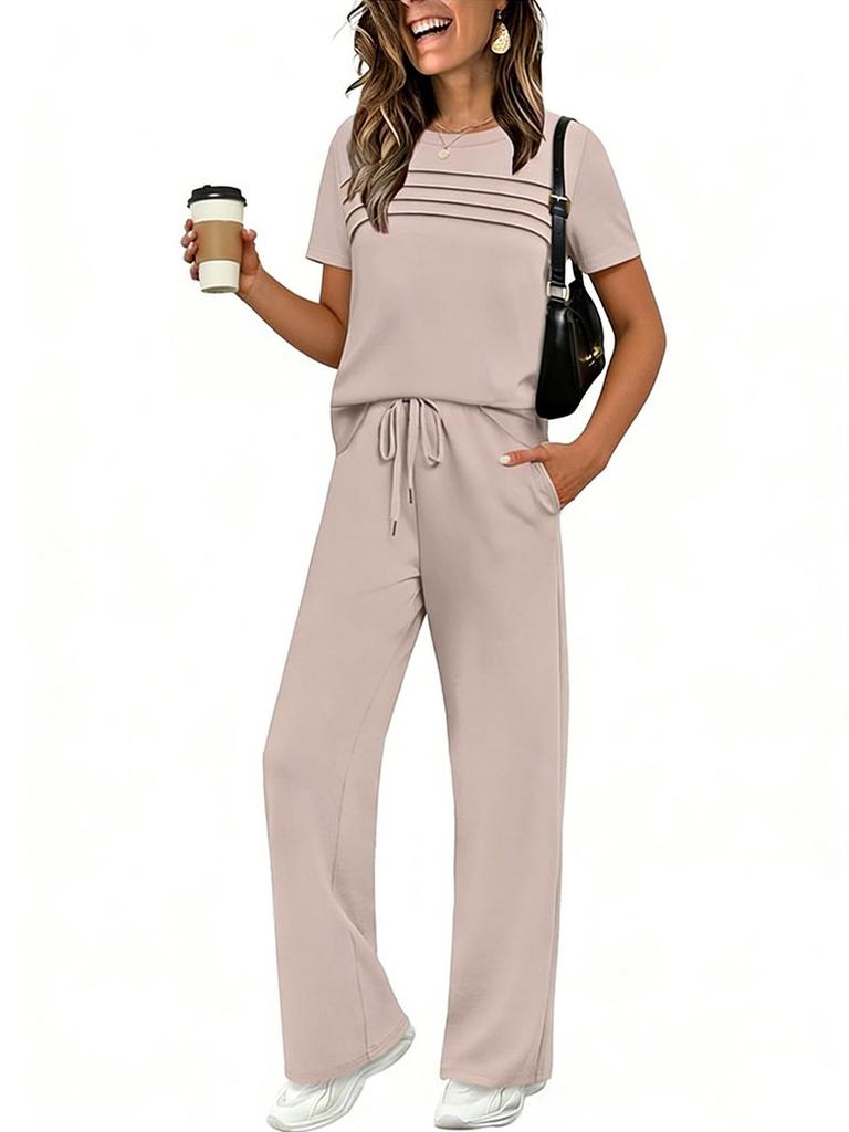 2026 New Spring-Summer Women's Casual Set: Short Sleeve Top & Wide Leg Long Pants