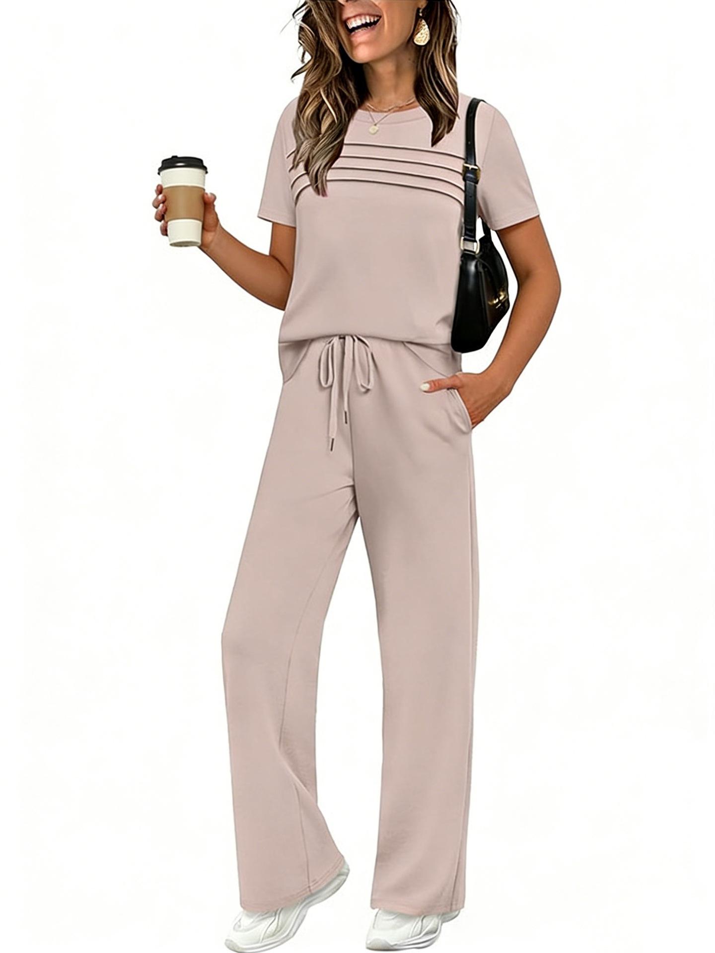 

2026 New Spring-Summer Women s Casual Set: Short Sleeve Top & Wide Leg Long Pants S