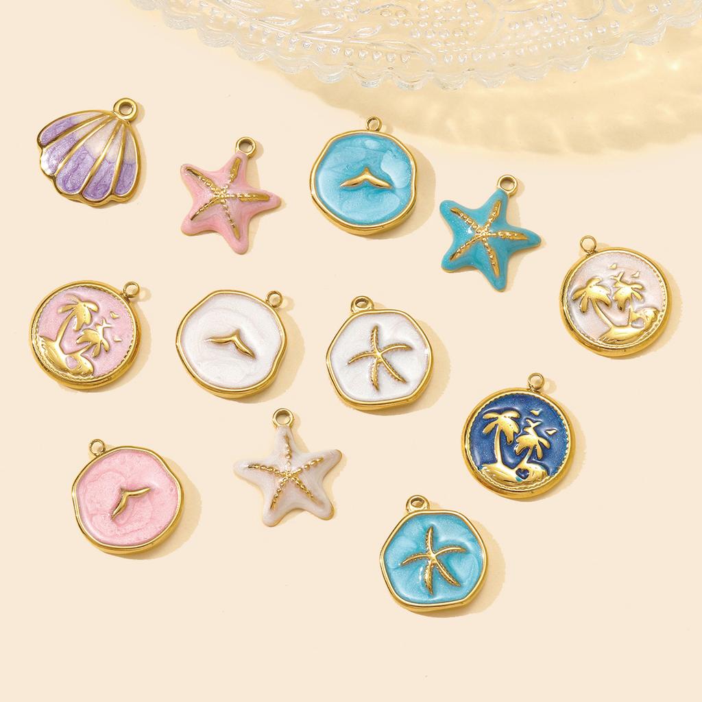 3pcs/Lot Stainless Steel Enamel Starfish Round DIY Charms Palm Tree Fishtail Necklace Pendants Woman Summer Holiday Jewelry